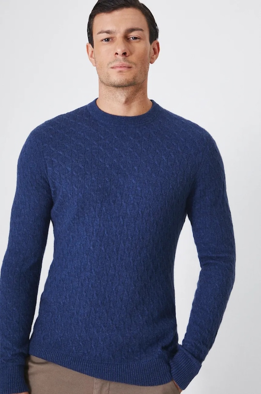 Sweter męski z domieszką wełny merino i kaszmiru kolor niebieski melanż niebieski RW24.SWM900