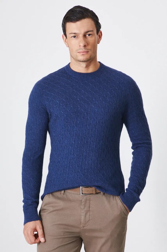 Sweter męski z domieszką wełny merino i kaszmiru kolor niebieski niebieski RW24.SWM900