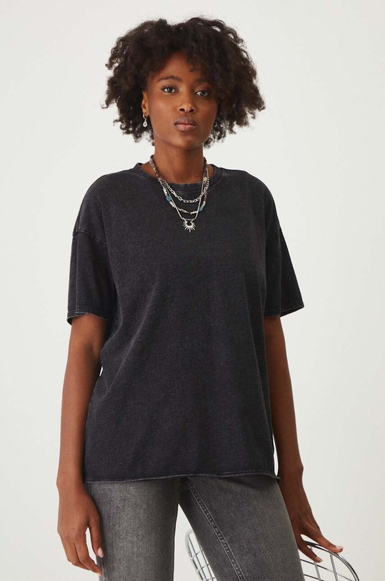 T-shirt bawełniany damski z efektem sprania kolor czarny RW24.TSD011 czarny RW24