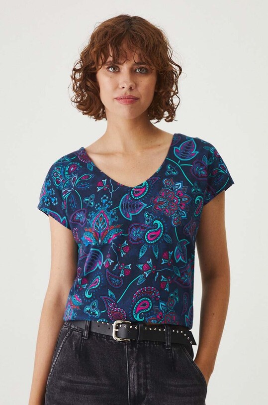 T-shirt bawełniany damski wzorzysty kolor granatowy RW24.TSD013 granatowy RW24