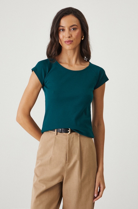 T-shirt bawełniany damski z domieszką elastanu gładki kolor zielony gładkie turkusowy RW24.TSD023