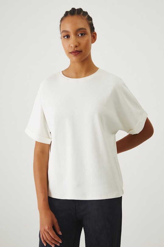 T-shirt bawełniany damski interlock gładki kolor beżowy bawełna beżowy RW24.TSD031