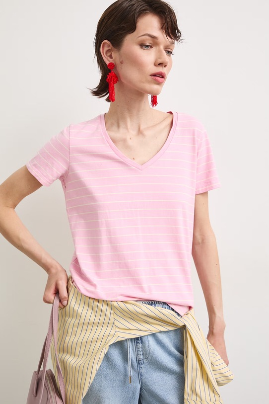 T-shirt bawełniany damski z elastanem w pasy z elastanem różowy RW24-TSD043