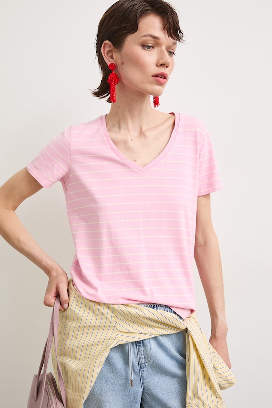 T-shirt bawełniany damski z elastanem w pasy z elastanem różowy RW24-TSD043