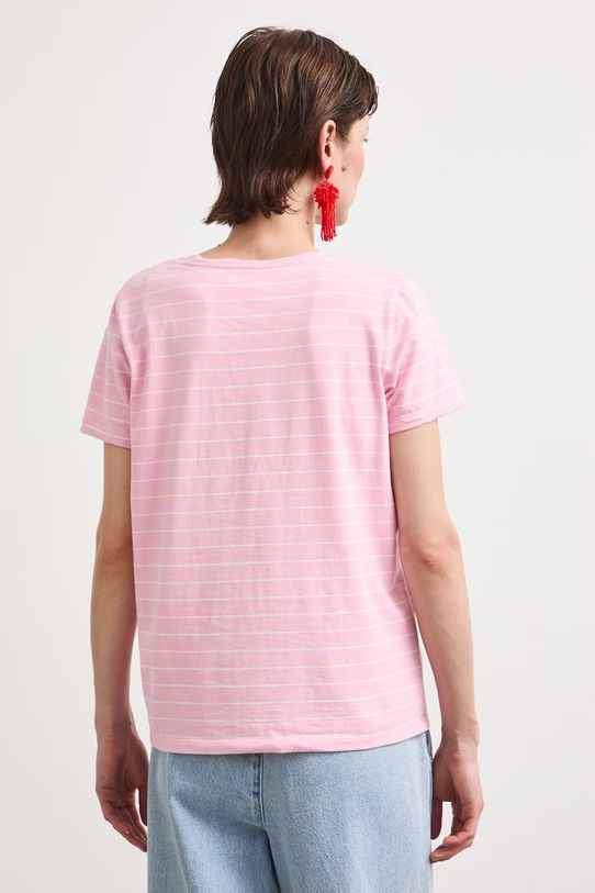 Odzież T-shirt bawełniany damski z elastanem w pasy RW24-TSD043 różowy