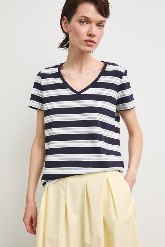 T-shirt bawełniany damski z elastanem w pasy RW24-TSD043 granatowy RW24