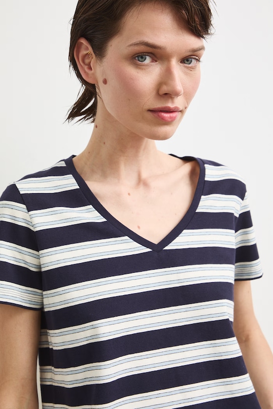 Bavlnené tričko dámske s elastanom pruhovaný tmavomodrá RW24-TSD043