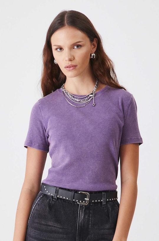 T-shirt bawełniany damski z domieszką elastanu prążkowany kolor fioletowy gładkie fioletowy RW24.TSD050