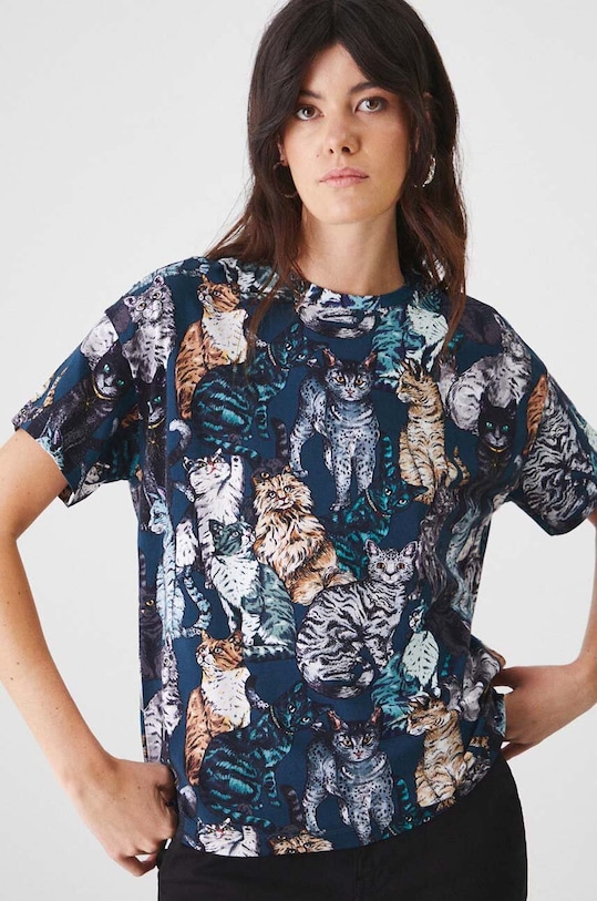 Bavlněné tričko dámské s příměsí elastanu, se vzorem více barev relaxed tyrkysová RW24.TSD051