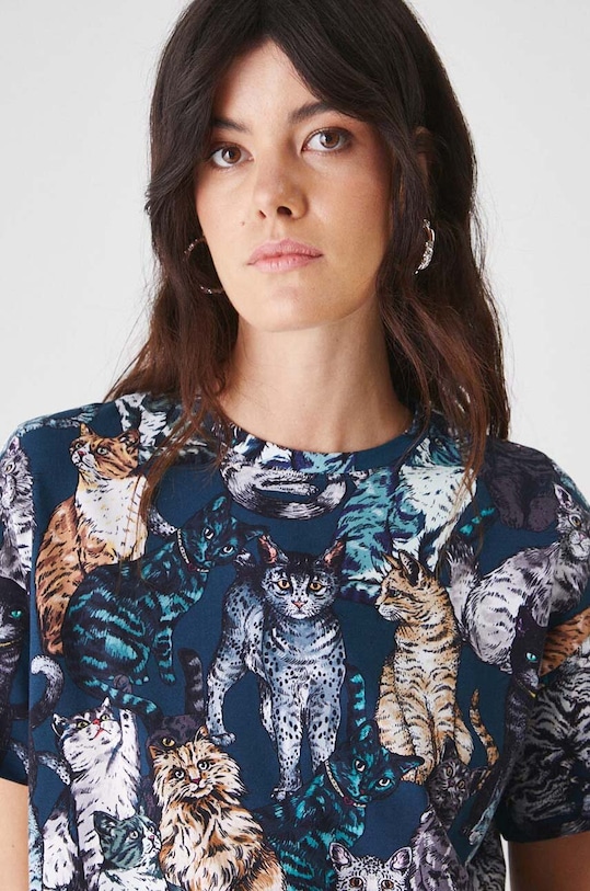 Bavlněné tričko dámské s příměsí elastanu, se vzorem více barev tyrkysová RW24.TSD051