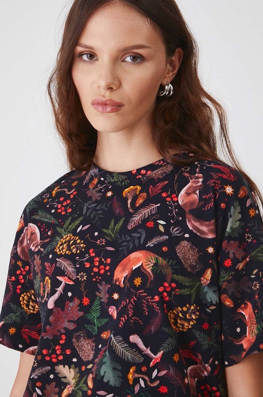 T-shirt bawełniany damski z domieszką elastanu wzorzysty kolor multicolor czarny RW24.TSD051