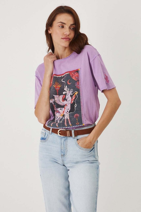 Bavlněné tričko dámské s potiskem fialová barva regular fialová RW24.TSD102