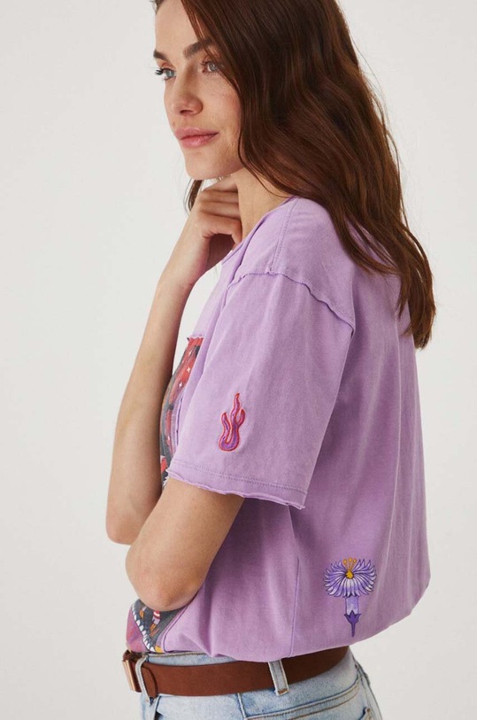 Bavlněné tričko dámské s potiskem fialová barva fialová RW24.TSD102