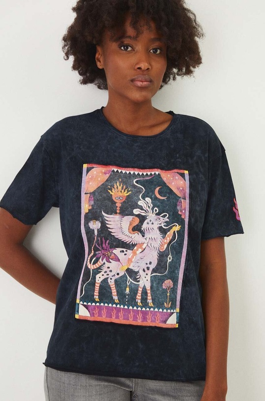 Bavlnené tričko dámske s potlačou čierna farba okrúhly čierna RW24.TSD102