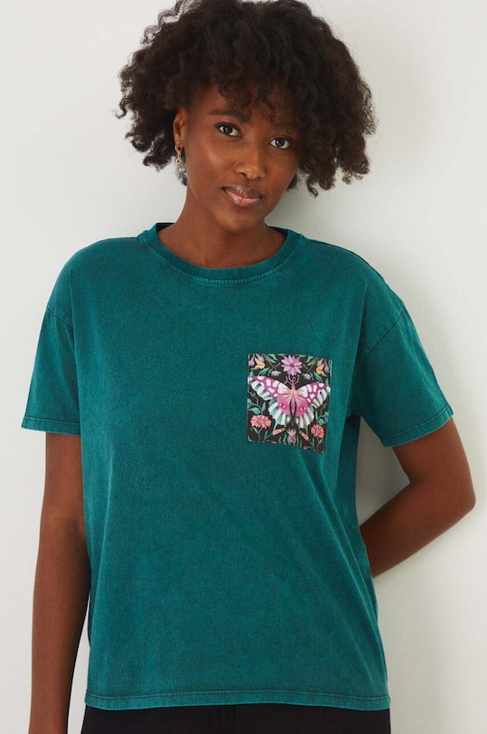 T-shirt bawełniany damski z nadrukiem kolor zielony okrągły turkusowy RW24.TSD111