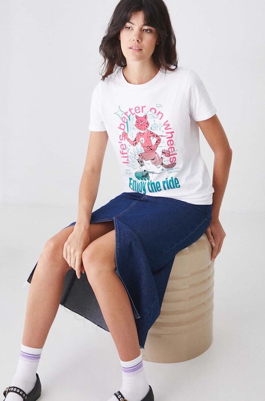 Bavlněné tričko s elastanem s potiskem černá barva regular bílá RW24.TSD171