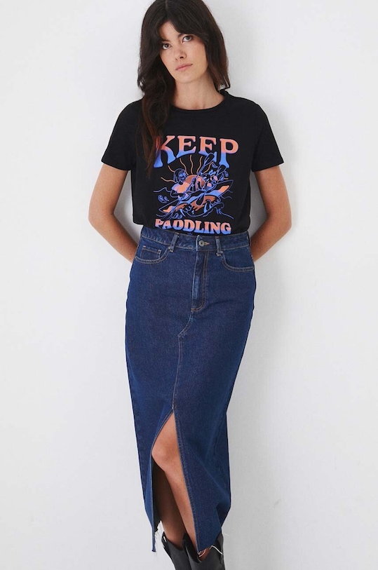 T-shirt bawełniany damski z domieszką elastanu z nadrukiem czarny okrągły czarny RW24.TSD172