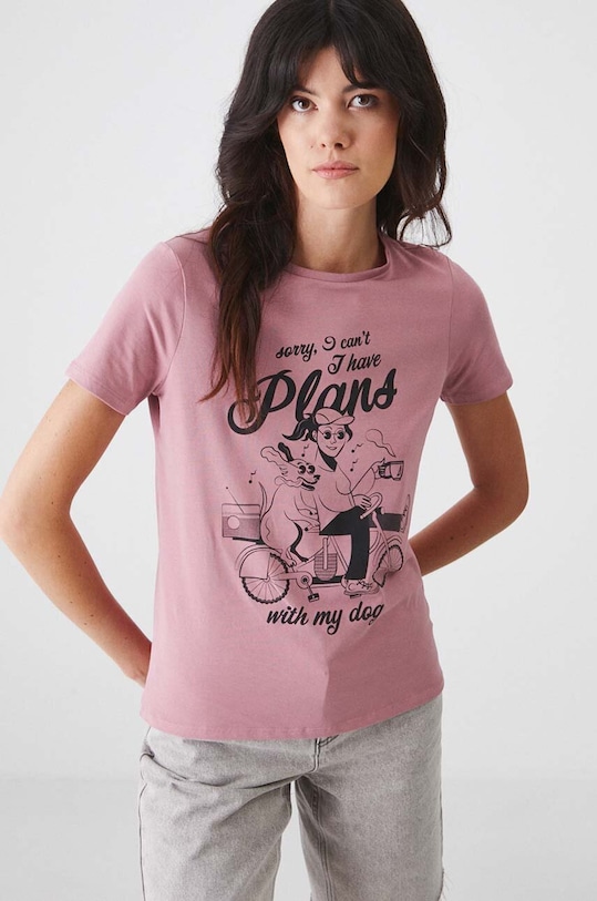 Bavlněné tričko s elastanem s potiskem růžová barva RW24.TSD173 růžová RW24