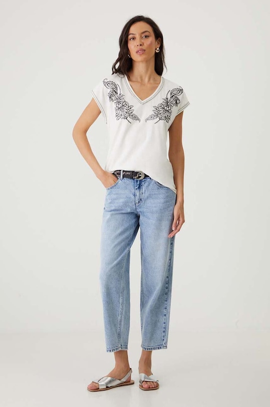 Bavlnené tričko dámske s prímesou elastanu s potlačou béžová farba RW24.TSD204 béžová RW24