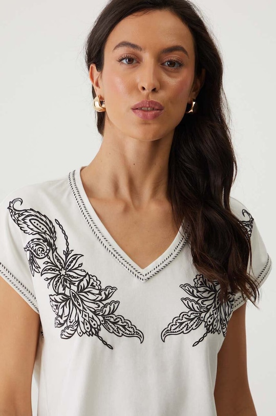 Bavlnené tričko dámske s prímesou elastanu s potlačou béžová farba béžová RW24.TSD204