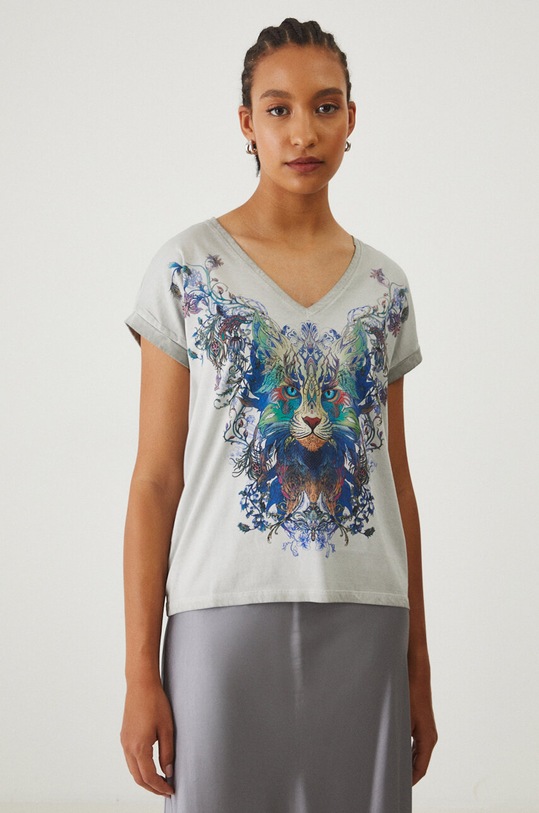 Bavlněné tričko dámské s potiskem modrá barva regular šedá RW24.TSD302