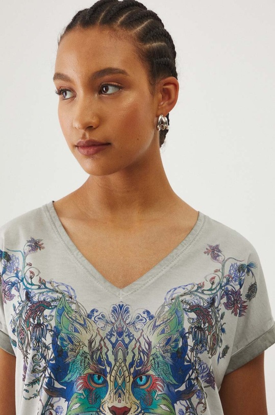 Bavlněné tričko dámské s potiskem modrá barva šedá RW24.TSD302