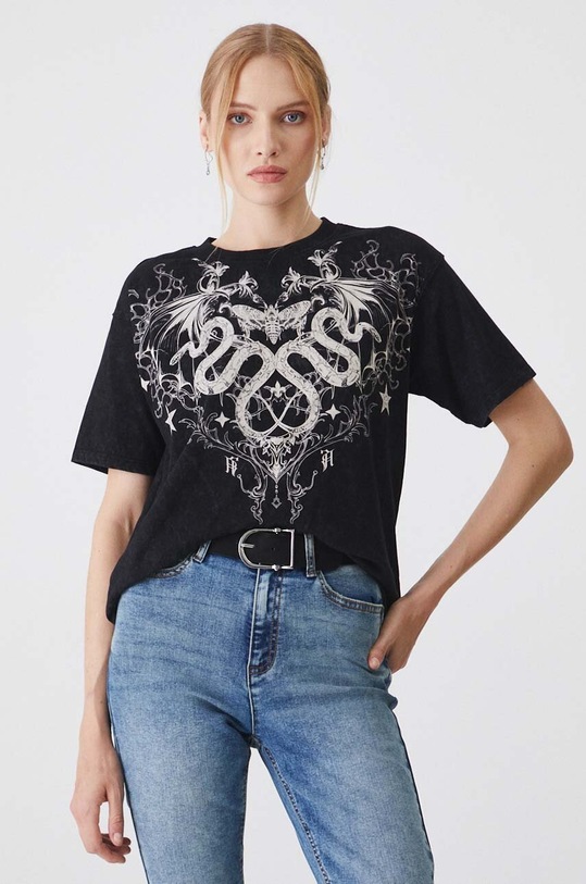 T-shirt bawełniany damski z nadrukiem kolor czarny czarny RW24.TSD501