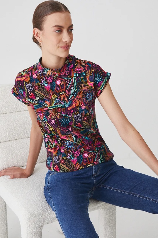T-shirt bawełniany damski z domieszką elastanu wzorzysty kolor multicolor z elastanem multicolor RW24.TSD601