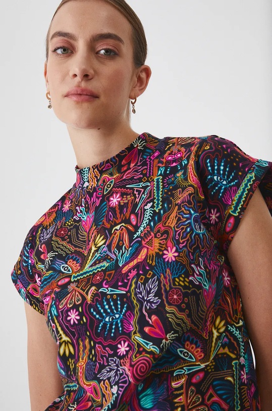 T-shirt bawełniany damski z domieszką elastanu wzorzysty kolor multicolor RW24.TSD601 multicolor