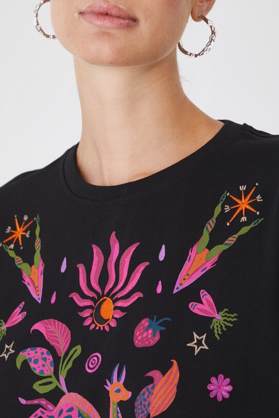 T-shirt bawełniany damski z ozdobnym haftem kolor czarny RW24.TSD602 czarny