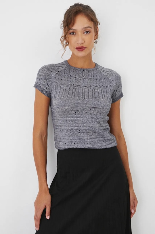 T-shirt damski z metaliczną nicią kolor srebrny gładkie srebrny RW24.TSD803