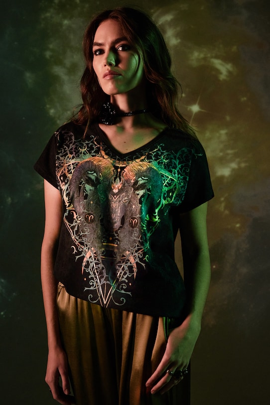 T-shirt bawełniany damski z kolekcji Zodiak - Baran kolor czarny bawełna czarny RW24.TSD950