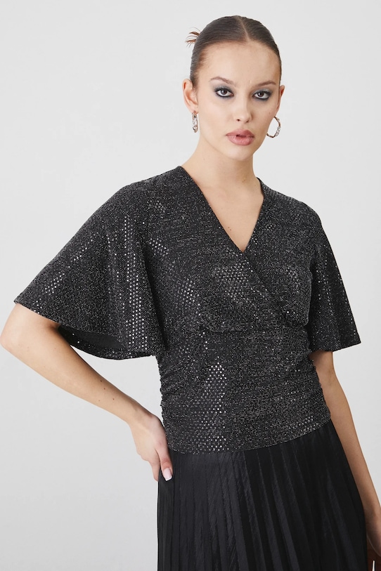 T-shirt damski z metaliczną nicią kolor czarny z elastanem czarny RW24.TSDA07