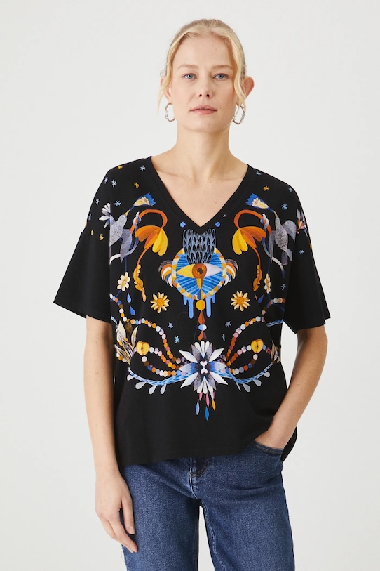 T-shirt bawełniany damski z domieszką elastanu z kolekcji Karolina Matyjaszkowicz x Medicine kolor czarny RW24.TSDB52 czarny RW24