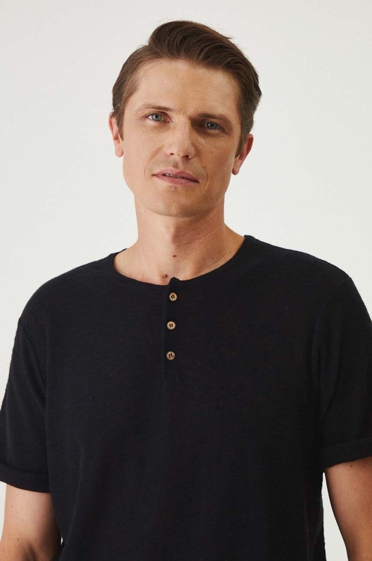 T-shirt z domieszką lnu męski gładki kolor czarny czarny RW24.TSM210