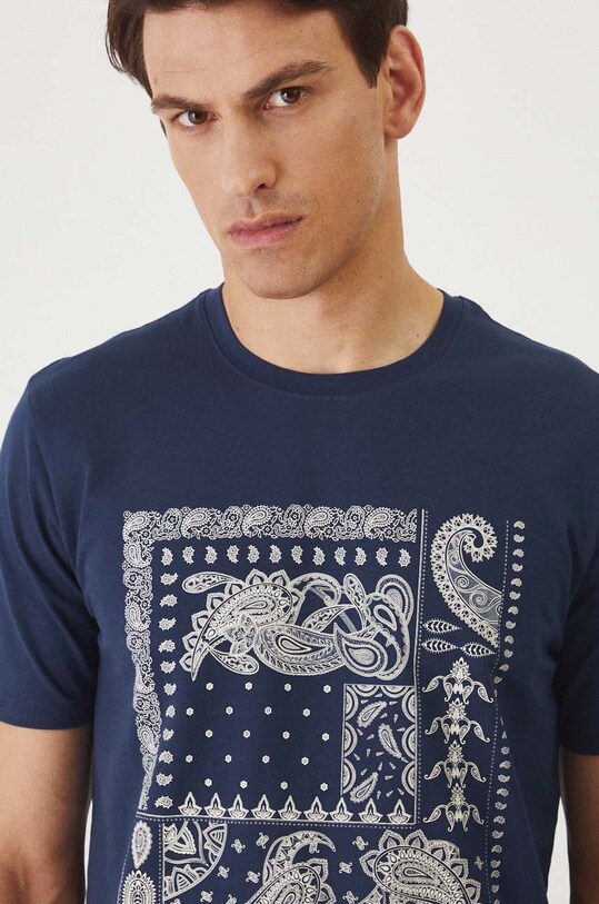 T-shirt bawełniany męski z domieszką elastanu z nadrukiem kolor granatowy granatowy RW24.TSM321