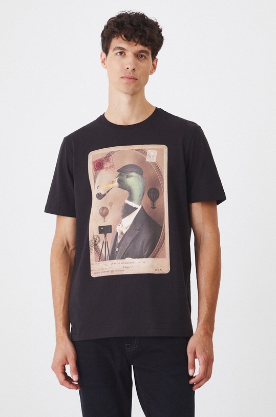 T-shirt bawełniany męski z domieszką elastanu z nadrukiem kolor czarny okrągły czarny RW24.TSM400