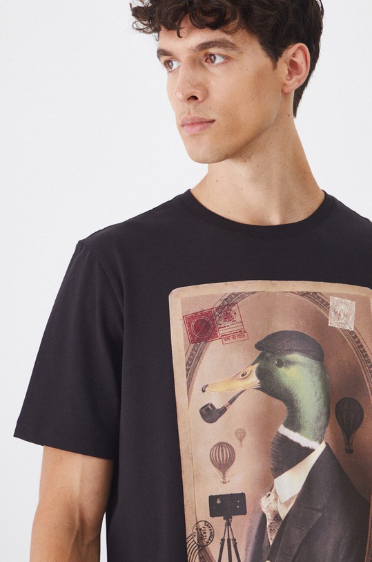 T-shirt bawełniany męski z domieszką elastanu z nadrukiem kolor czarny czarny RW24.TSM400