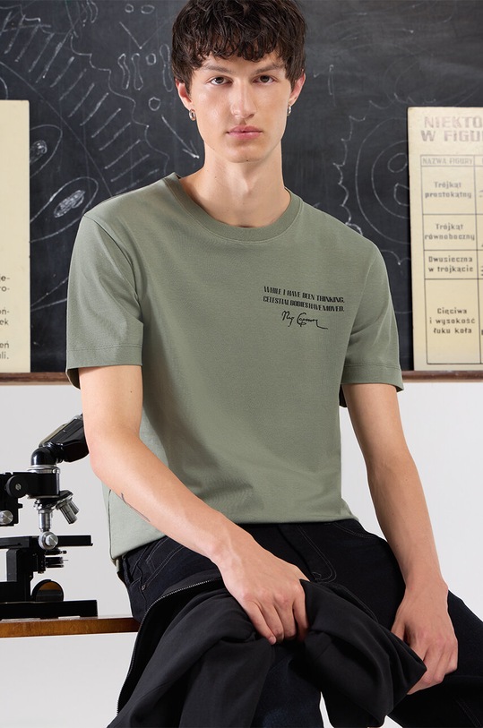T-shirt bawełniany męski z domieszką elastanu z kolekcji Science kolor zielony okrągły zielony RW24.TSM461