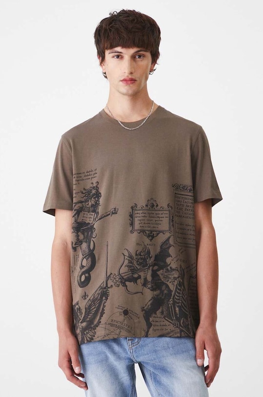 T-shirt bawełniany męski z domieszką elastanu z nadrukiem kolor zielony okrągły zielony RW24.TSM501