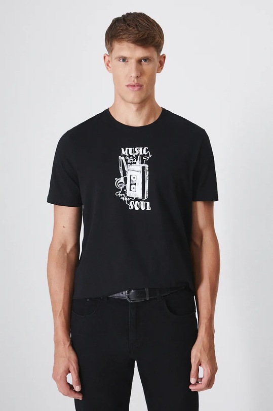 T-shirt bawełniany męski z domieszką elastanu z nadrukiem kolor czarny okrągły czarny RW24.TSM622