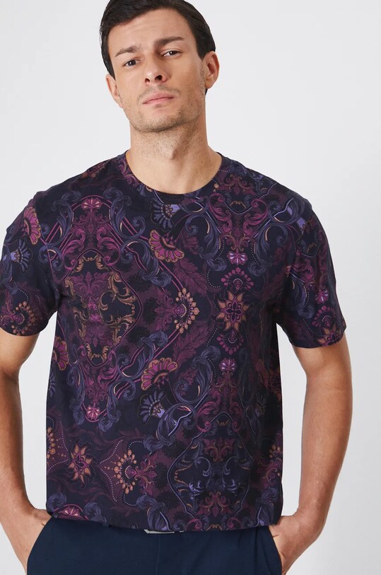 T-shirt bawełniany męski z domieszką elastanu wzorzysty kolor fioletowy fioletowy RW24.TSM804
