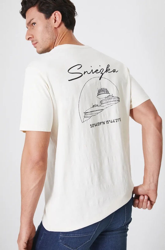 T-shirt bawełniany męski z domieszką elastanu z nadrukiem kolor beżowy okrągły beżowy RW24.TSM907