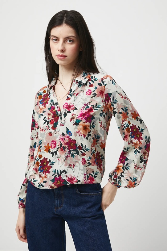 Bluzka damska z wiskozy w kwiaty casual beżowy RW25-BDD030