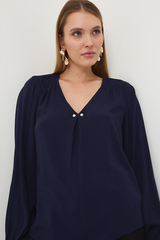Bluzka damska gładka z wiskozy casual granatowy RW25-BDD051