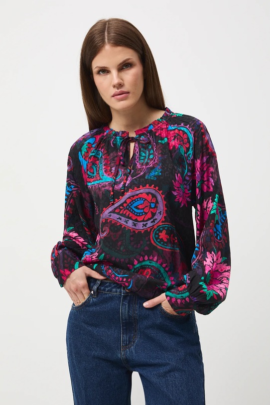 Bluzka damska żakardowa z wiskozy wzorzysta casual czarny RW25-BDD602