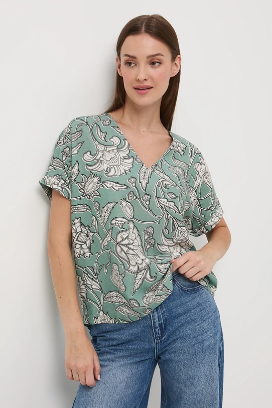 Bluzka z domieszką lnu damska wzorzysta casual turkusowy RW25-BKD010