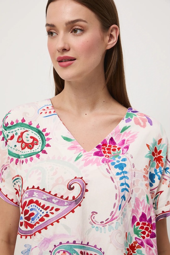 Bluzka z domieszką lnu damska wzorzysta casual multicolor RW25-BKD010