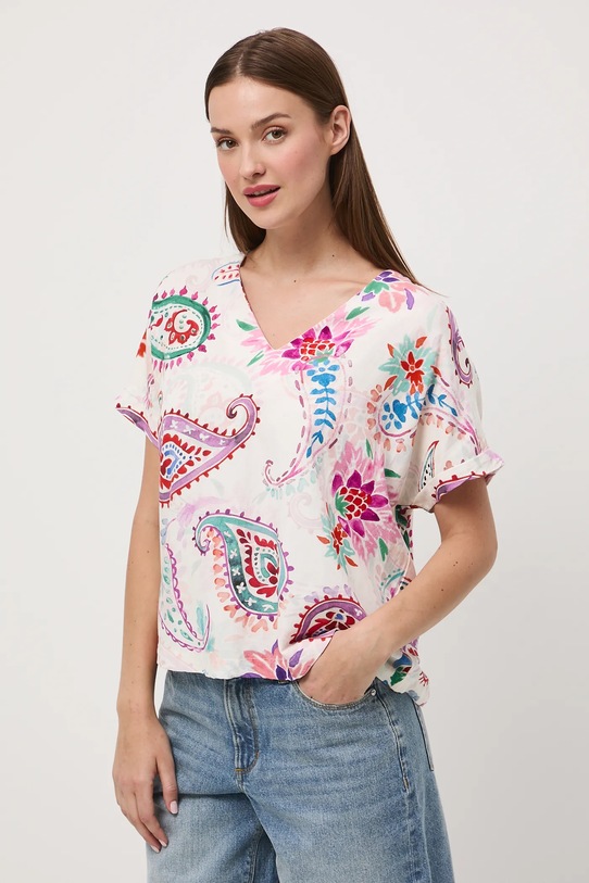 Bluzka z domieszką lnu damska wzorzysta multicolor RW25-BKD010