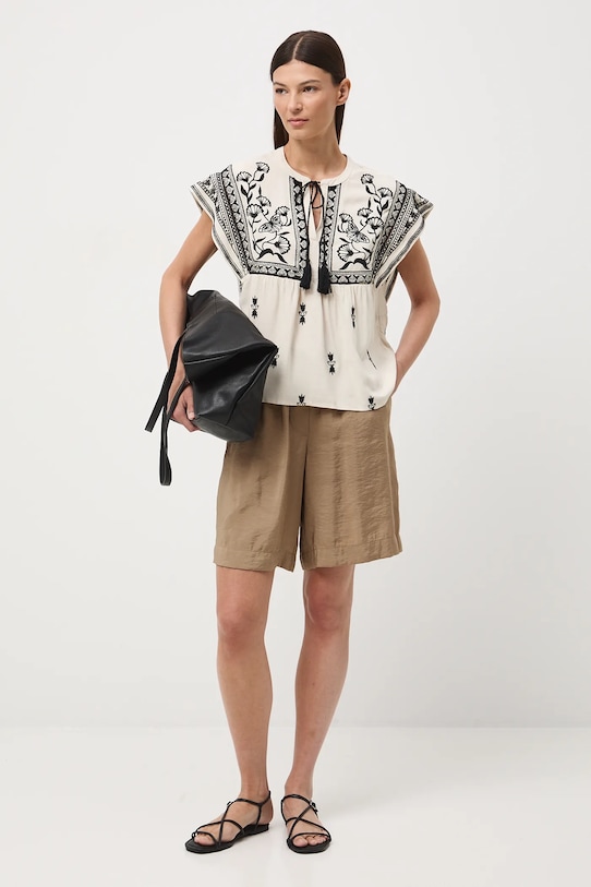 Medicine bluzka z falbanką damska z wiskozy beżowy RW25-BKD102